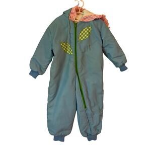 Weather Tamer Snowsuit Girls 24M Vintage Blue Pink Gingham Ruffle Made In USA